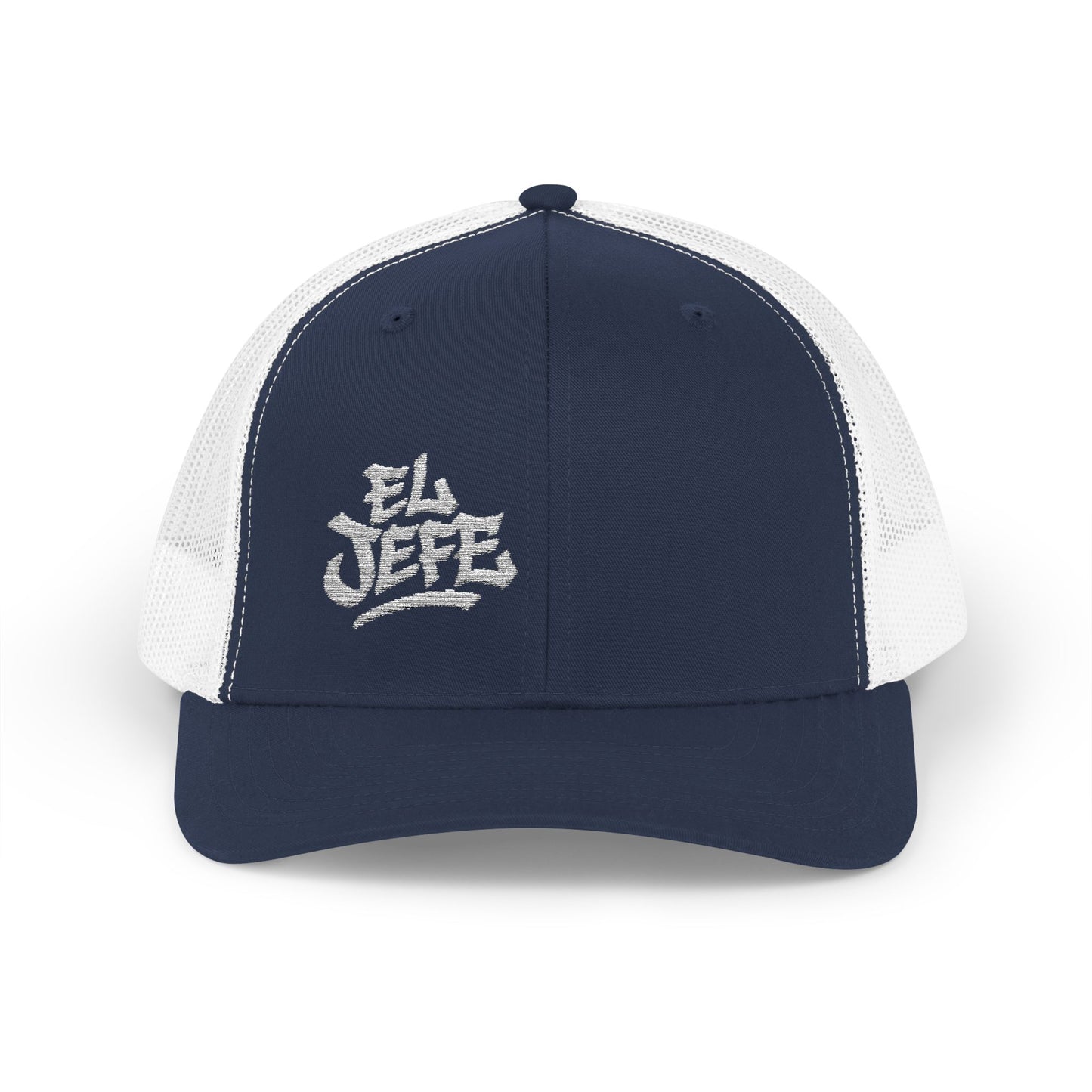 El Jefe Trucker Hat – Embroidered Bold Text Hat for Boss Energy, Leadership Style, and Latin Flair. White Letters