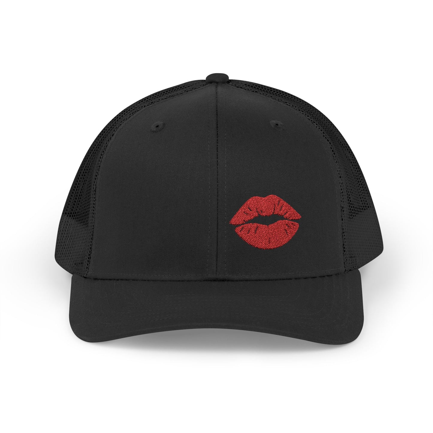 Red Lips Trucker Hat – Embroidered Pop Art Hat with Kiss Design