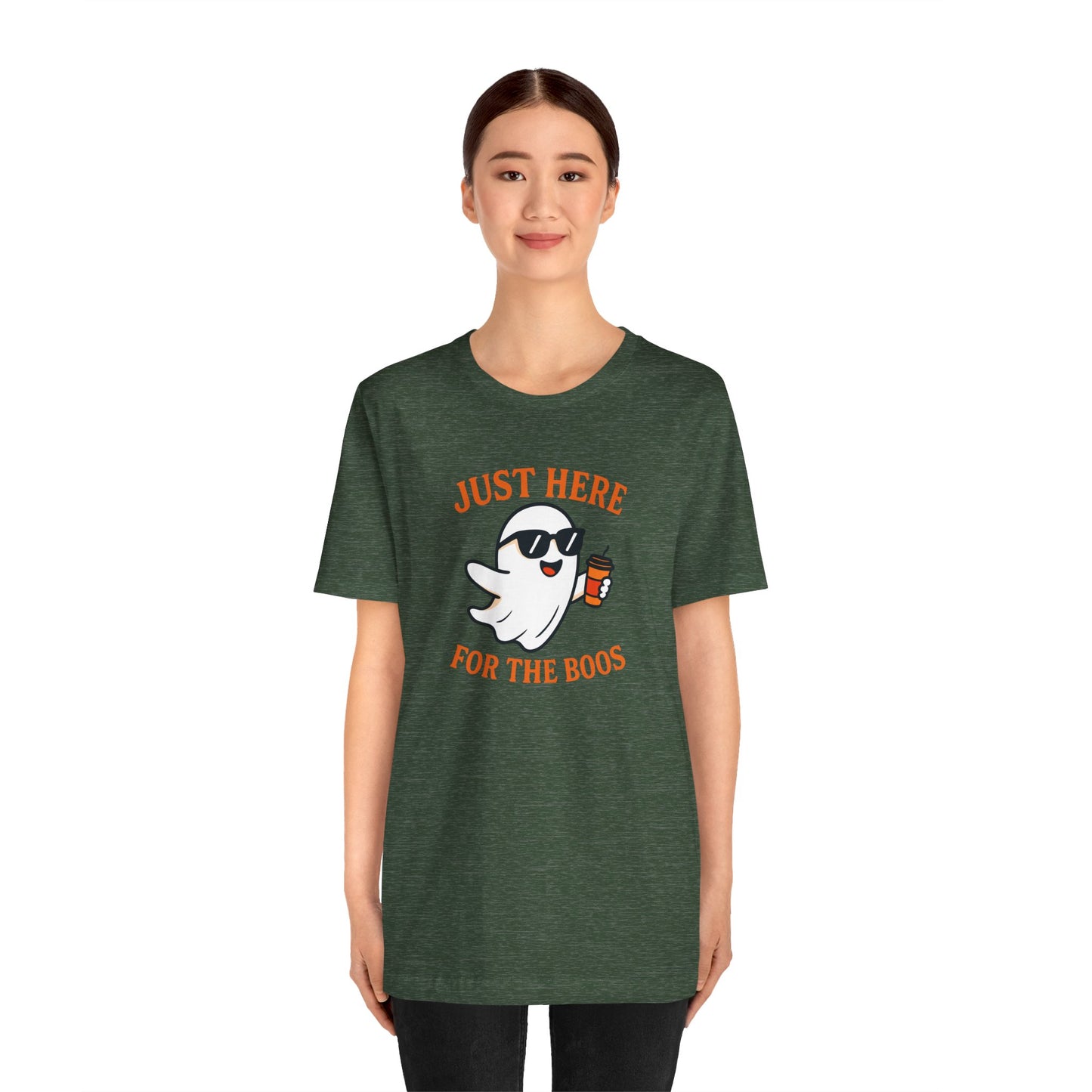 Just Here for the Boos Halloween Shirt – Funny Ghost Drinking Coffee Graphic Tee for Spooky Season