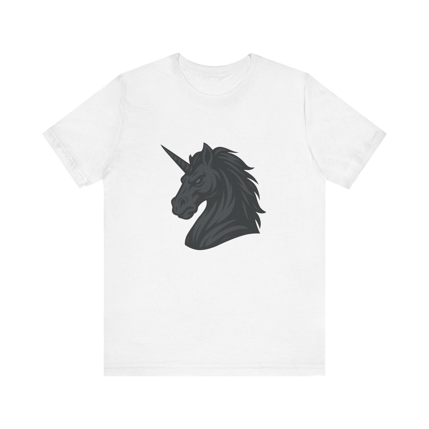 Dark Unicorn Profile T-Shirt – Dark Theme Grayscale Fierce Mythical Horse Design on Black Tee with Gothic Magic and Modern Ghost Effect. Unisex Jersey Short Sleeve Tee