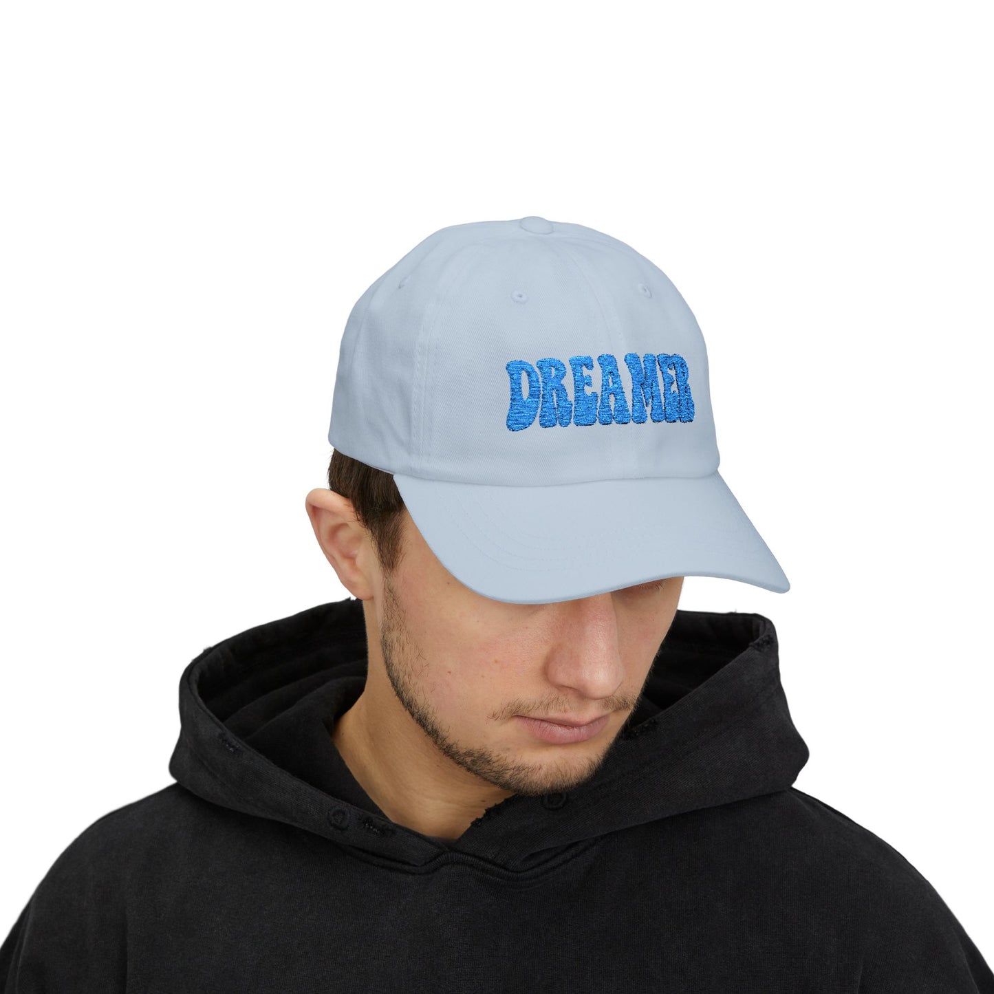 Dreamer Classic Dad Hat – Embroidered Minimalist Script Hat for Visionaries, Creatives, and Chill Daydreamers. Blue Letters