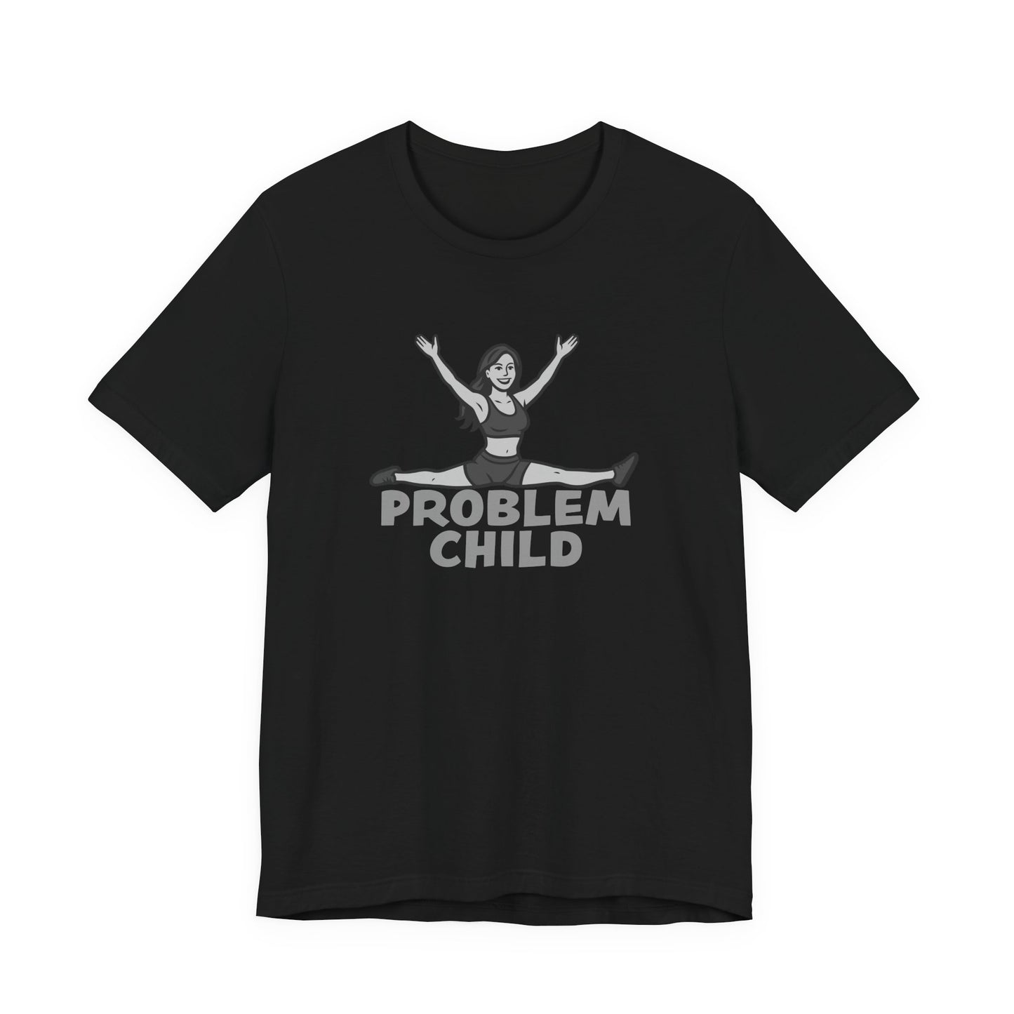 Problem Child Graphic Tee Cheerful Rebel Jump Pose in Bold Dark Theme Monochrome Style. Unisex Jersey Short Sleeve Tee