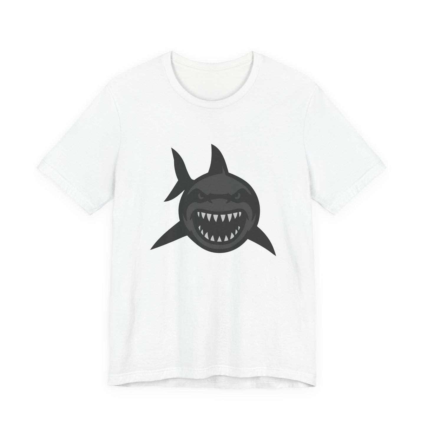 Ferocious Shark Face Graphic Tee with a Bold Bite – Dark Theme Ocean Predator Shirt in Black and Grey. Unisex Jersey Short Sleeve Tee
