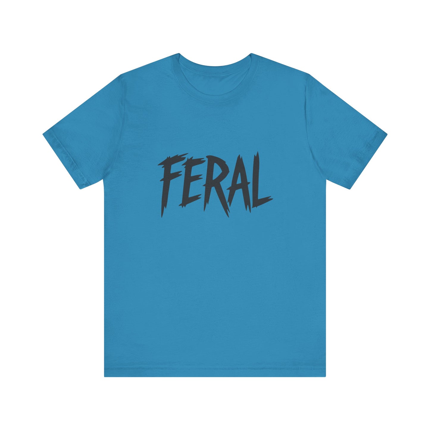 FERAL Text Graphic T-Shirt – Bold Dark Theme Lettering on Black Tee with Untamed Energy and Subtle Modern Ghost Effect. Unisex Jersey Short Sleeve Tee