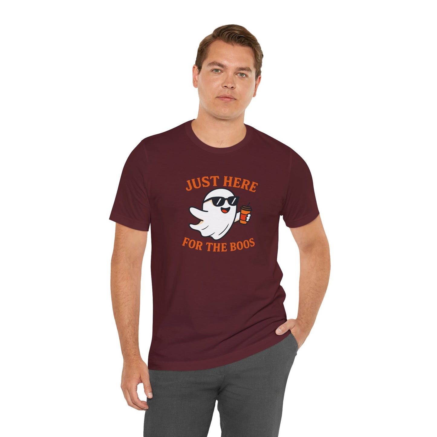Just Here for the Boos Halloween Shirt – Funny Ghost Drinking Coffee Graphic Tee for Spooky Season