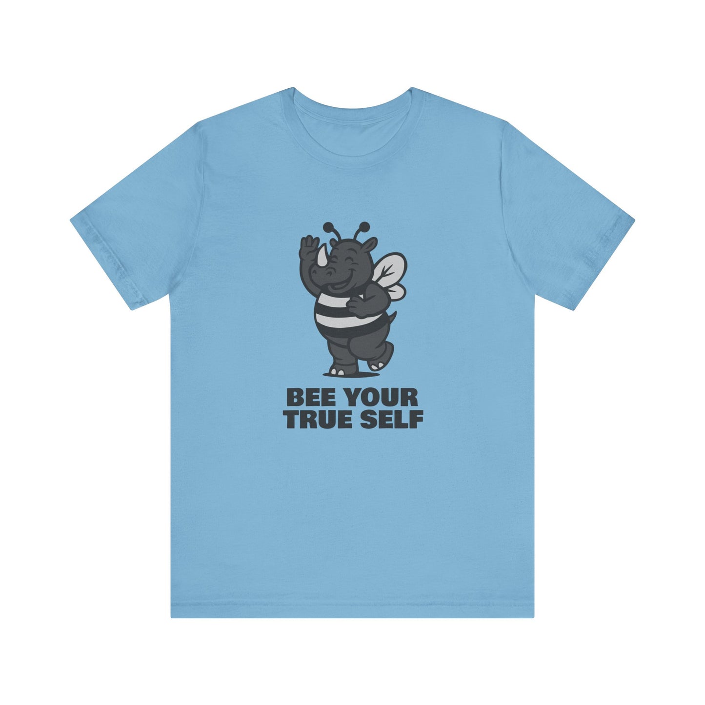 Bee Your True Self T-Shirt – Dark Theme Grayscale Rhino in Bee Costume on Black Tee with Wholesome Humor and Self-Expression Message. Unisex Jersey Short Sleeve Tee