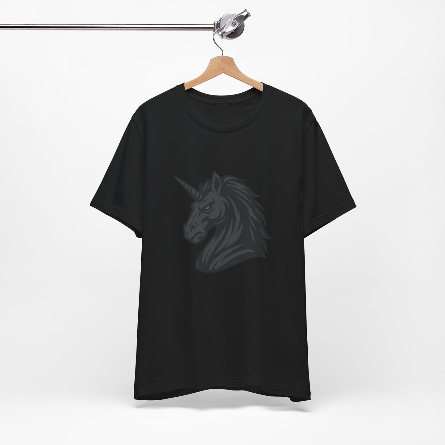 Dark Unicorn Profile T-Shirt – Dark Theme Grayscale Fierce Mythical Horse Design on Black Tee with Gothic Magic and Modern Ghost Effect. Unisex Jersey Short Sleeve Tee