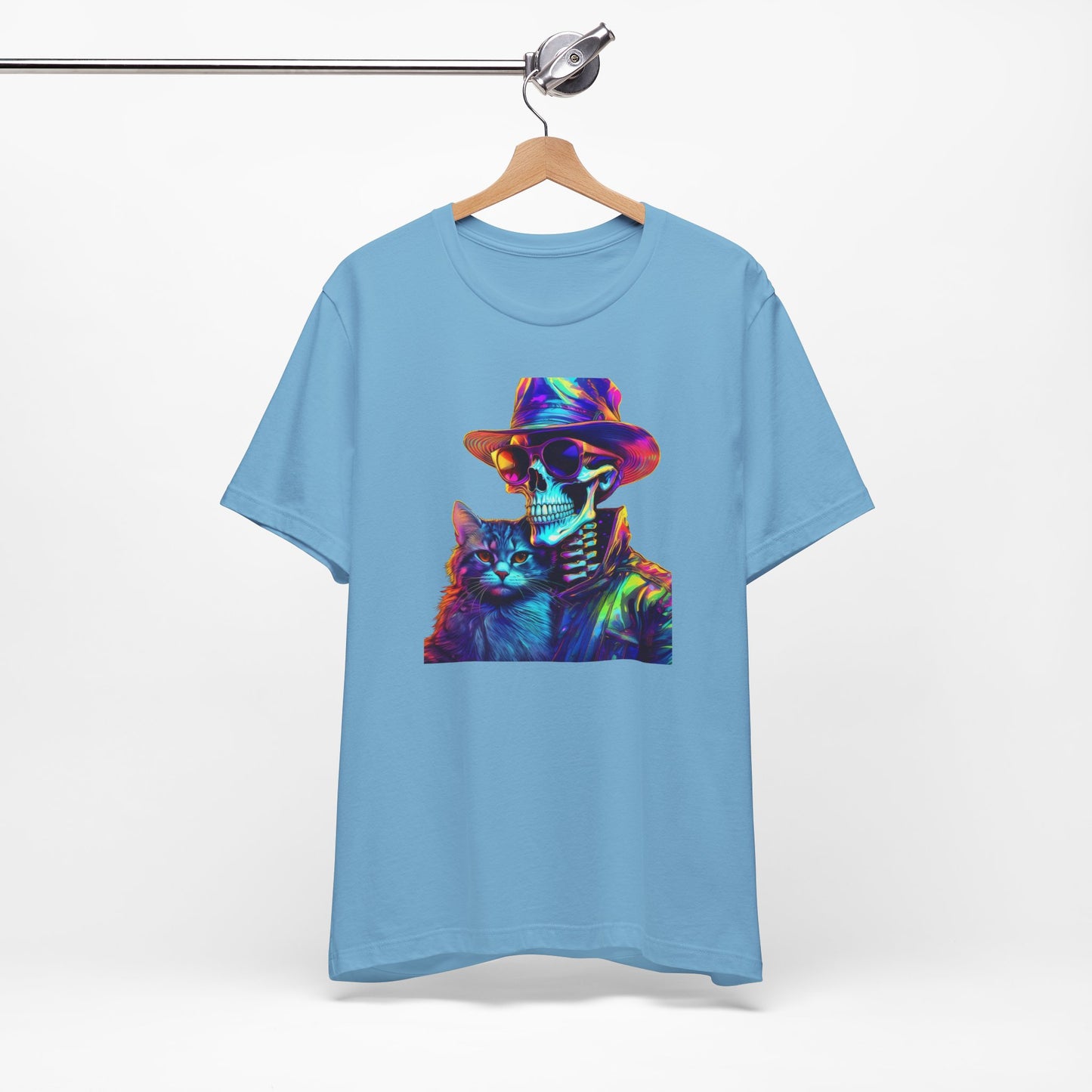 Cool Skeleton and Cat Halloween Shirt – Neon Retro Horror Graphic Tee for Spooky Style and Cat Lovers