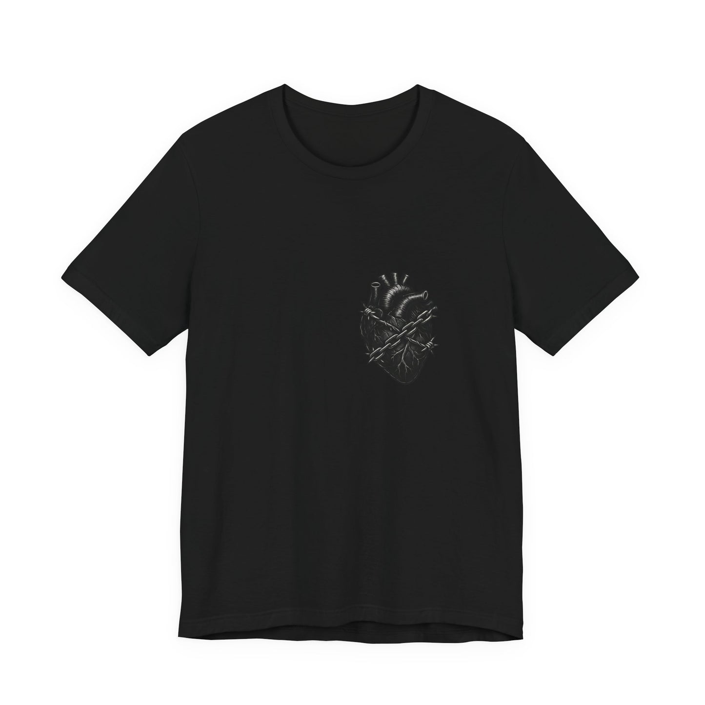 Heart in Chains Shirt – Dark Theme Anatomical Heart Wrapped in Barbed Wire and Commitment Issues. Unisex Jersey Short Sleeve Tee