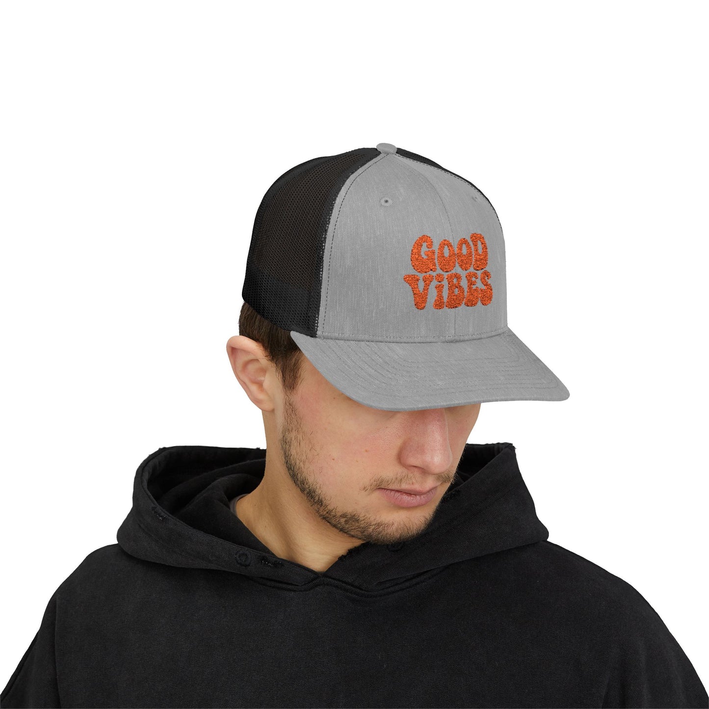 Good Vibes Trucker Hat – Embroidered Retro Text Hat for Positive Vibes, Chill Style, and Everyday Feel-Good Energy. Orange Letters