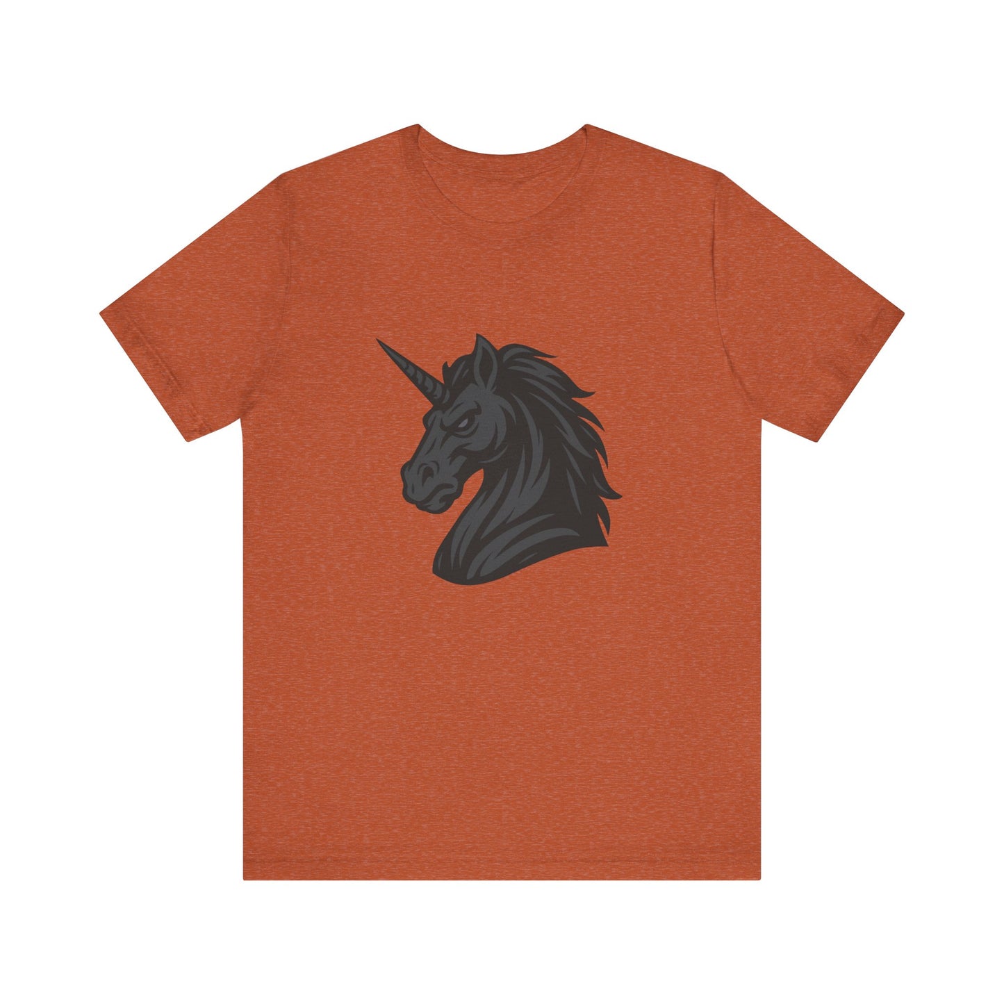 Dark Unicorn Profile T-Shirt – Dark Theme Grayscale Fierce Mythical Horse Design on Black Tee with Gothic Magic and Modern Ghost Effect. Unisex Jersey Short Sleeve Tee