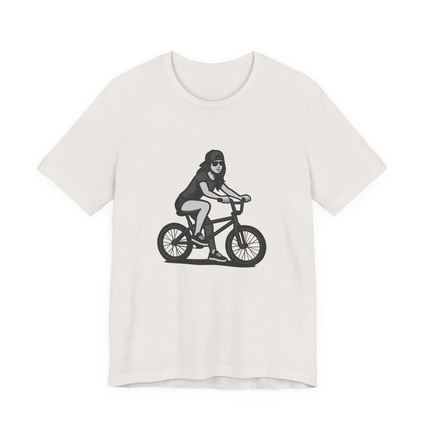 Cool Girl on Bike Graphic T-Shirt – Laid-Back Dark Theme Grayscale Rider Design on Black Tee with Street Style and Subtle Modern Ghost Effect. Unisex Jersey Short Sleeve Tee