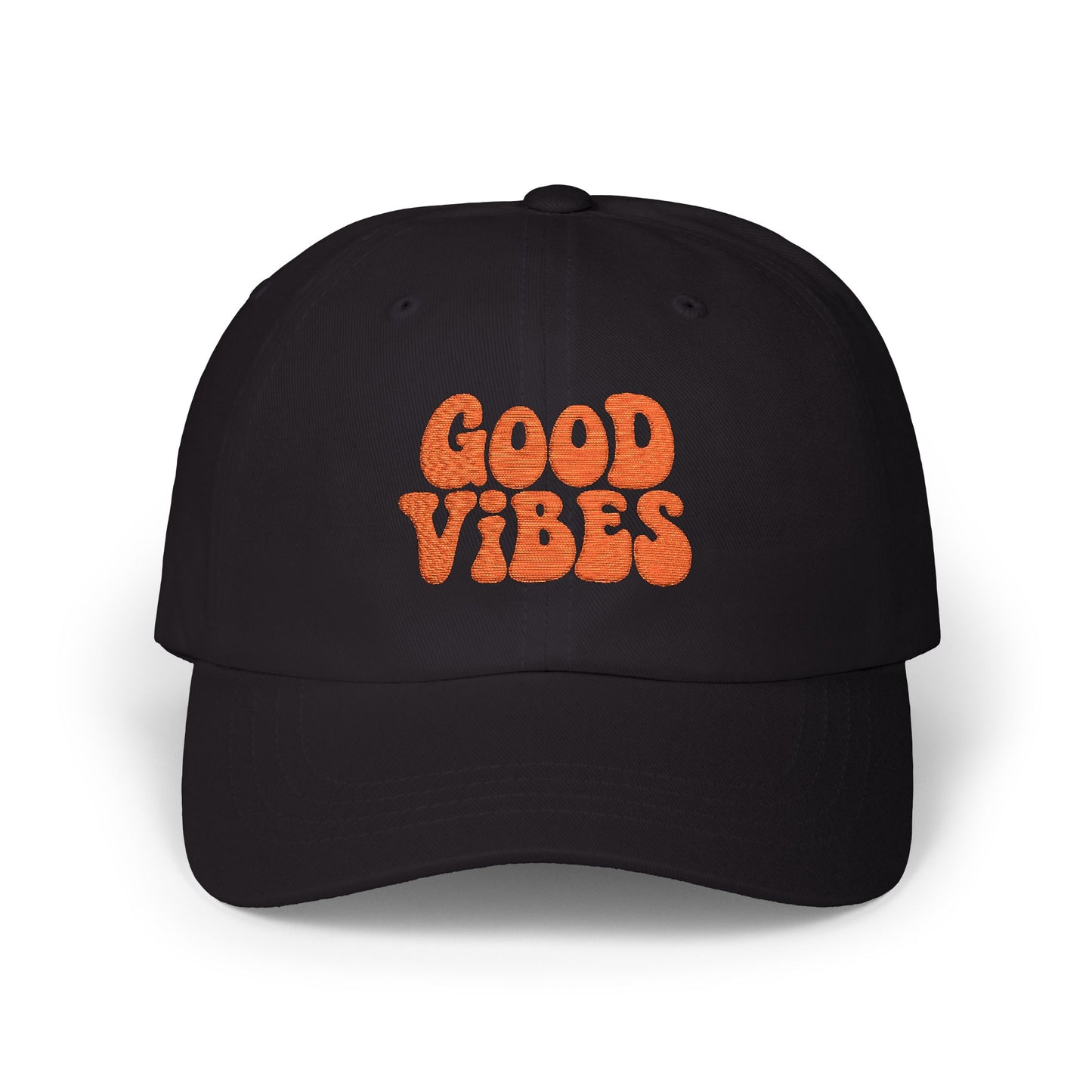 Good Vibes Classic Dad Hat – Embroidered Retro Text Hat for Positive Vibes, Chill Style, and Everyday Feel-Good Energy. Orange Letters