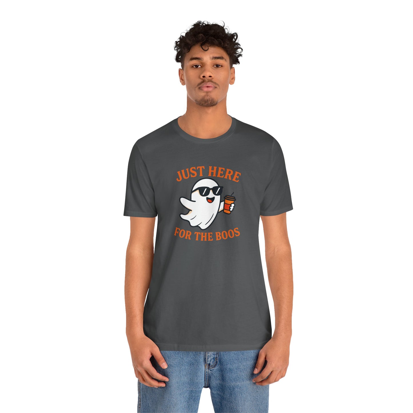 Just Here for the Boos Halloween Shirt – Funny Ghost Drinking Coffee Graphic Tee for Spooky Season