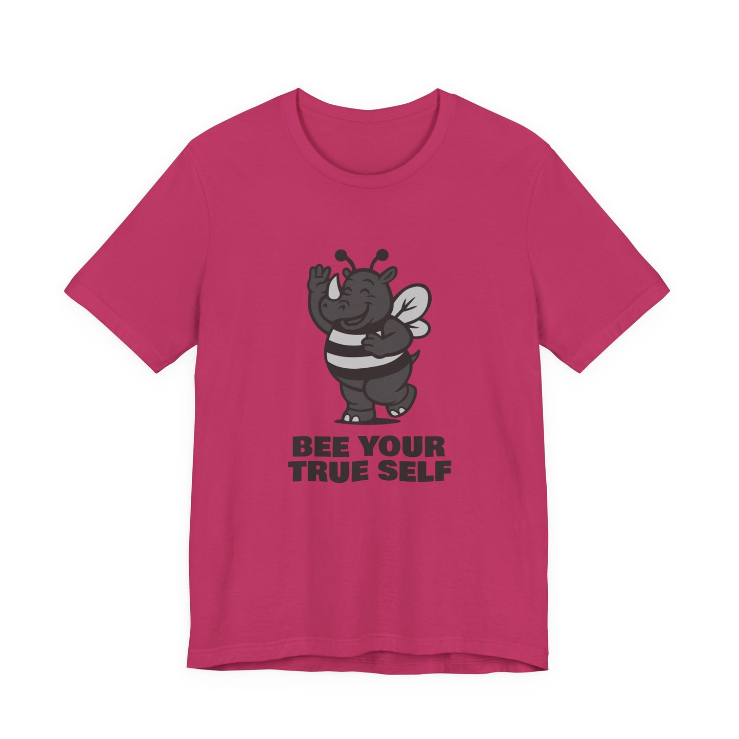 Bee Your True Self T-Shirt – Dark Theme Grayscale Rhino in Bee Costume on Black Tee with Wholesome Humor and Self-Expression Message. Unisex Jersey Short Sleeve Tee