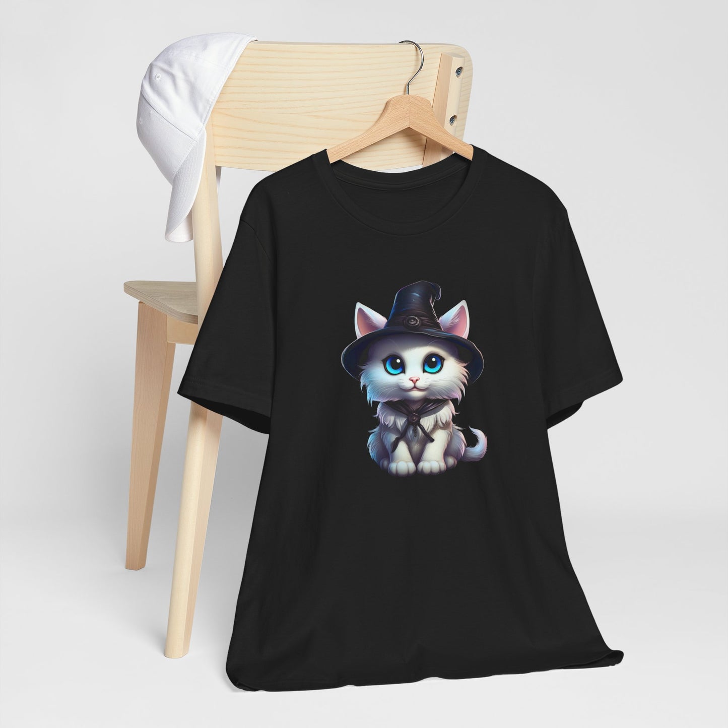 Adorable Witch Cat Halloween Shirt – Cute White Cat in Hat Graphic Tee for Cat Lovers and Halloween Fans