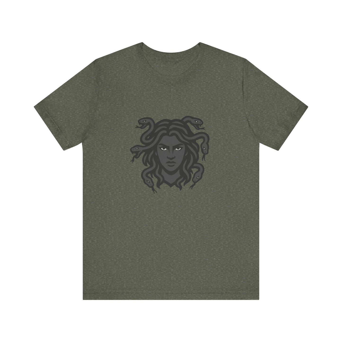 Medusa Graphic T-Shirt – Dark Theme Grayscale Snake-Haired Gorgon Design on Black Tee with Dark Myth Vibe and Modern Ghost Effect. Unisex Jersey Short Sleeve Tee