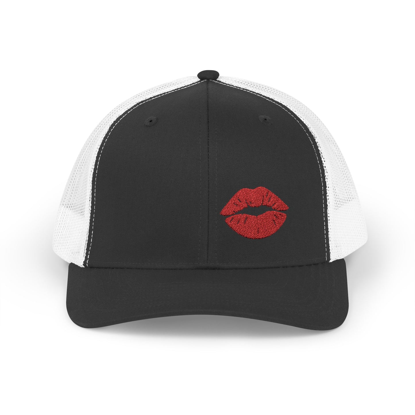 Red Lips Trucker Hat – Embroidered Pop Art Hat with Kiss Design