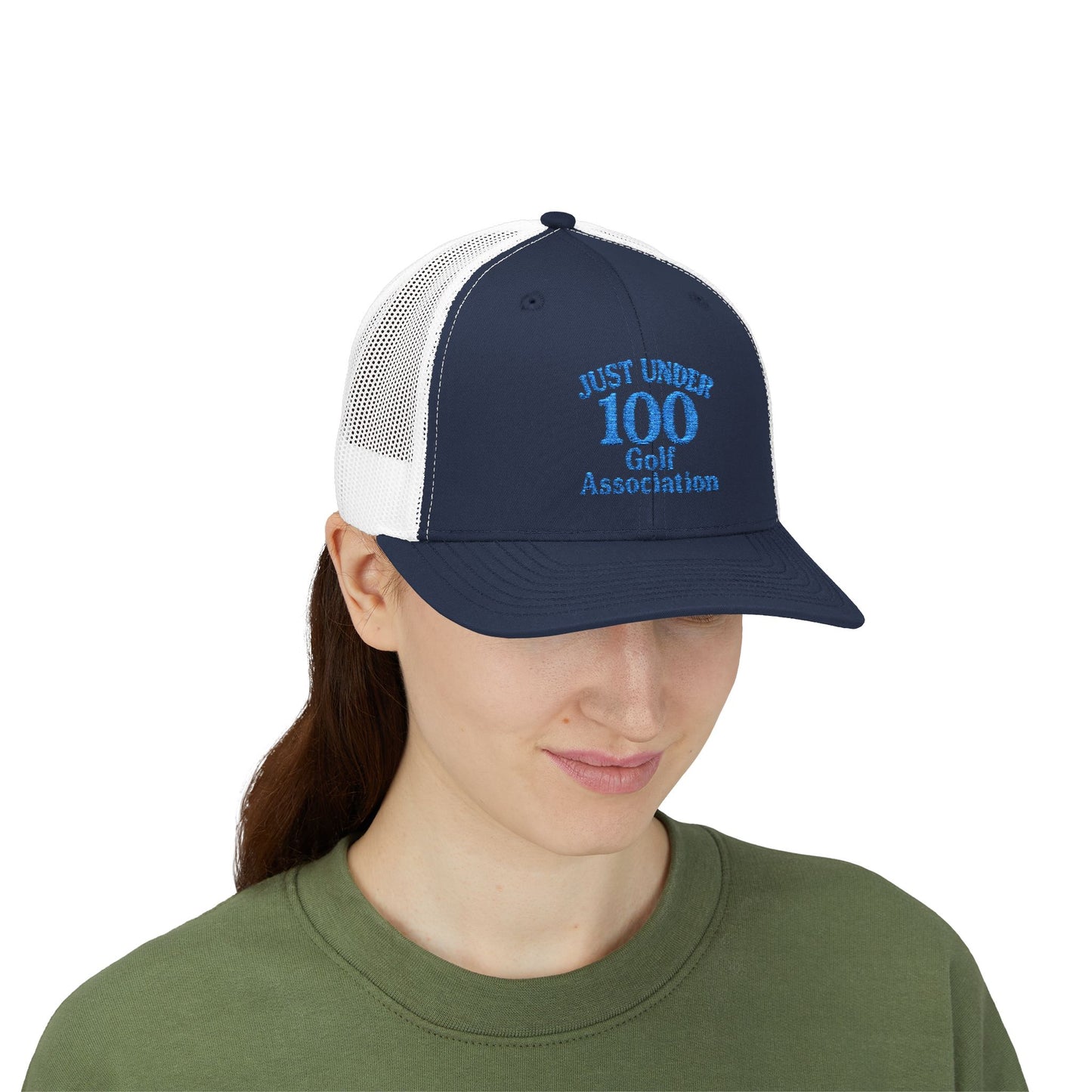 Just Under 100 Golf Trucker Hat – Embroidered Funny Golf Hat for Weekend Golfers and Casual Fairway Vibes. Blue Letters
