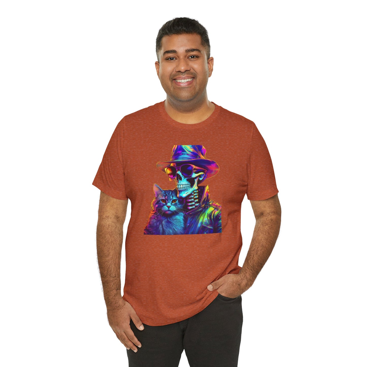 Cool Skeleton and Cat Halloween Shirt – Neon Retro Horror Graphic Tee for Spooky Style and Cat Lovers