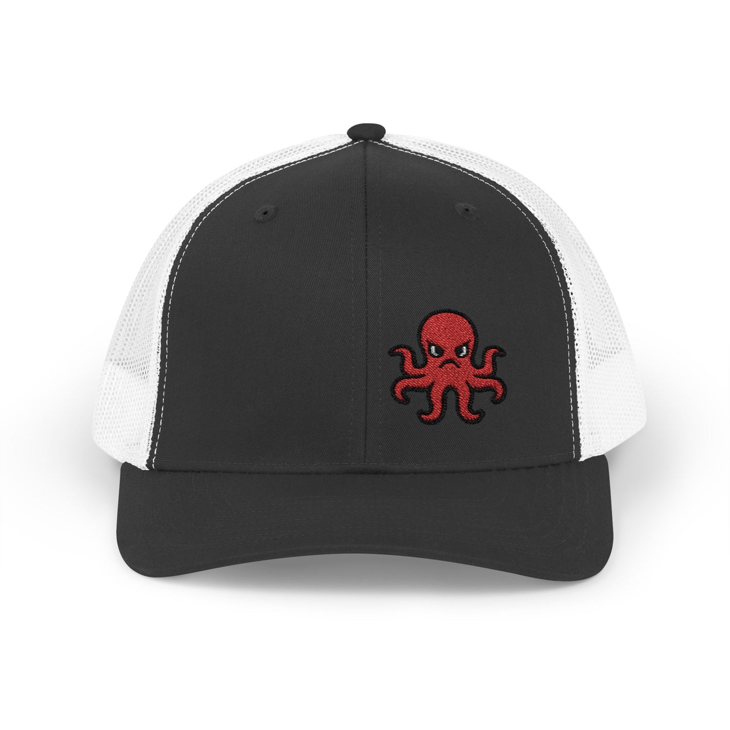 Angry Octopus Trucker Hat – Embroidered Red Sea Creature Hat with Cartoon Vibes and Bold Attitude
