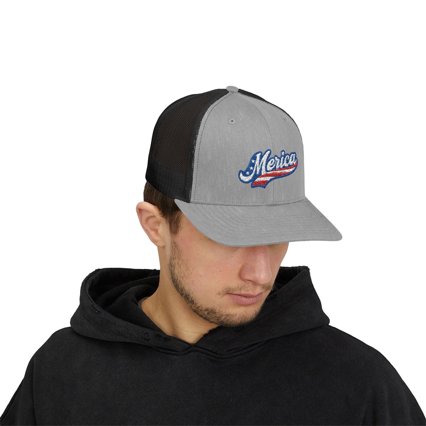 Merica Trucker Hat – Patriotic Embroidered Hat with Vintage Sports Style