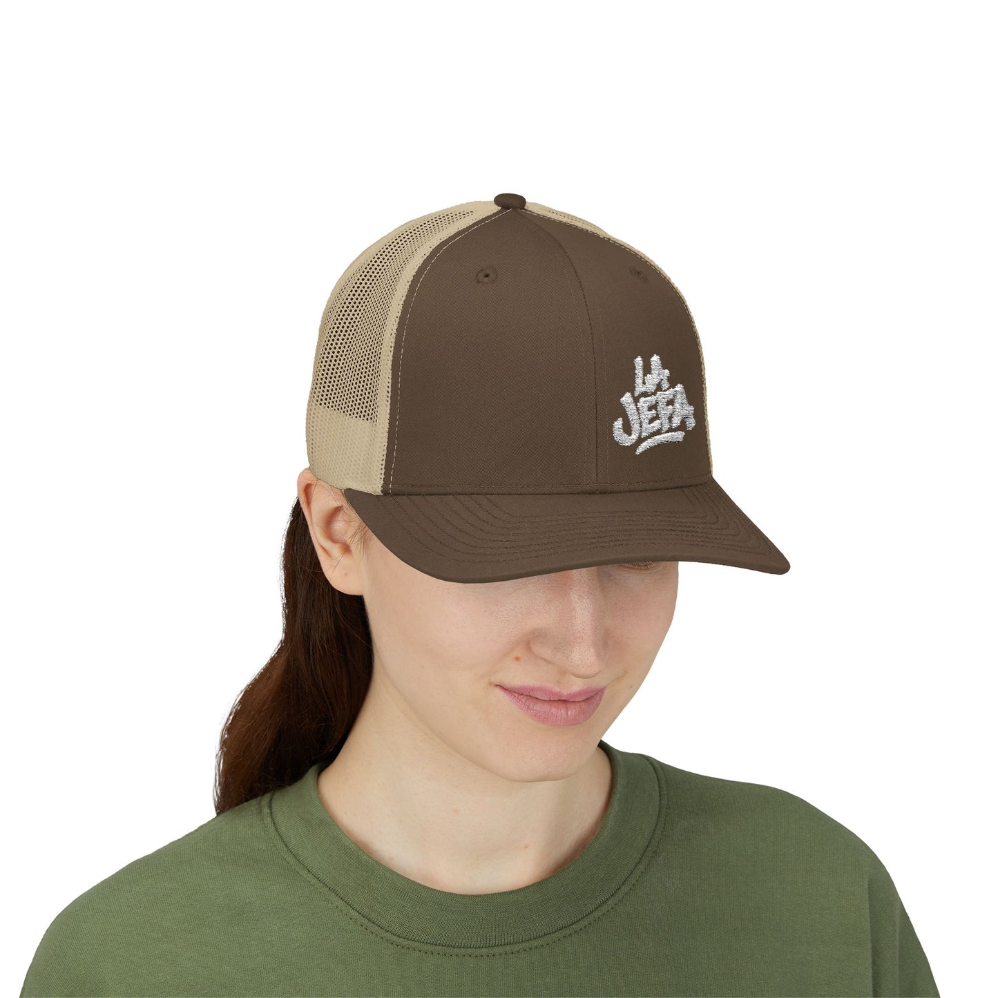 La Jefa Trucker Hat – Embroidered Latina Boss Hat for Bold Women. White Letters