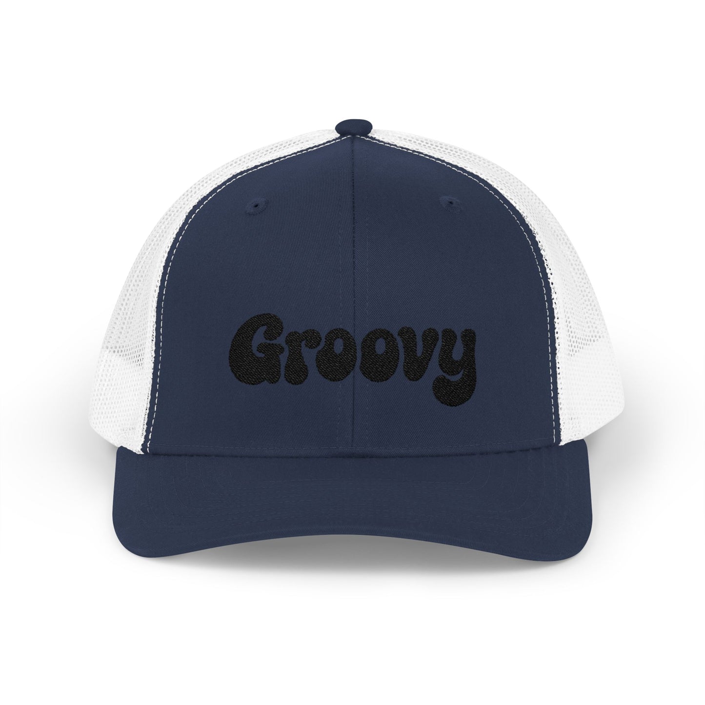 Groovy Trucker Hat – Retro Embroidered Hat with 70s Style Font for Funky Vibes, Chill Days, and Vintage Cool. Black Letters