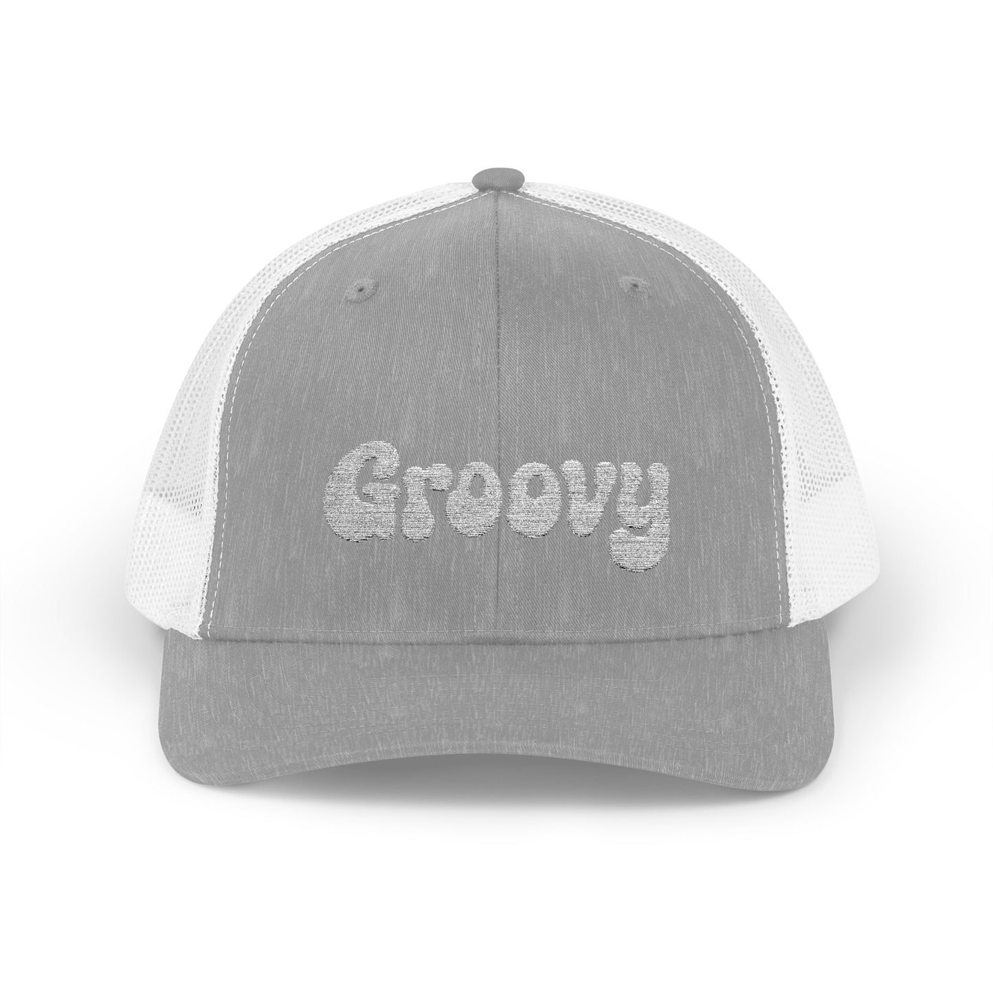 Groovy Trucker Hat – Retro Embroidered Hat with 70s Style Font for Funky Vibes, Chill Days, and Vintage Cool. White Letters