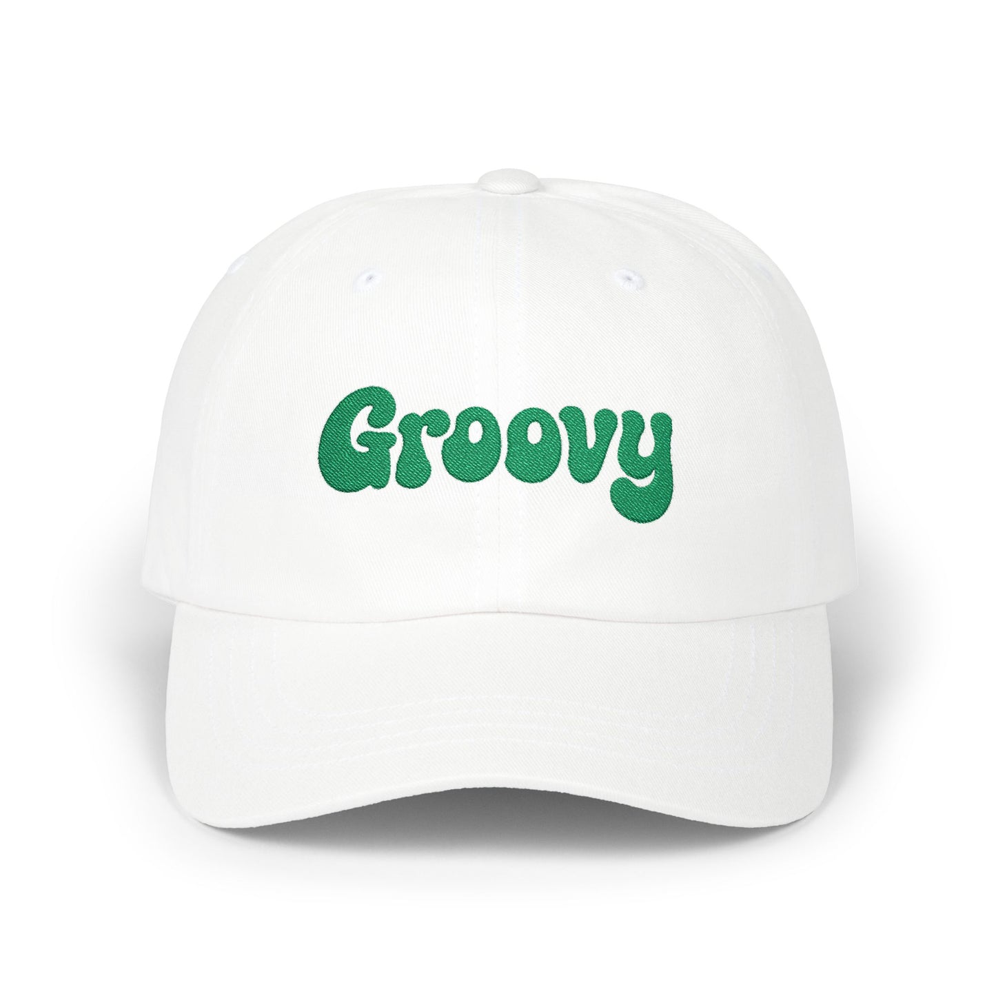 Groovy Classic Dad Hat – Retro Embroidered Hat with 70s Style Font for Funky Vibes, Chill Days, and Vintage Cool. Green Letters