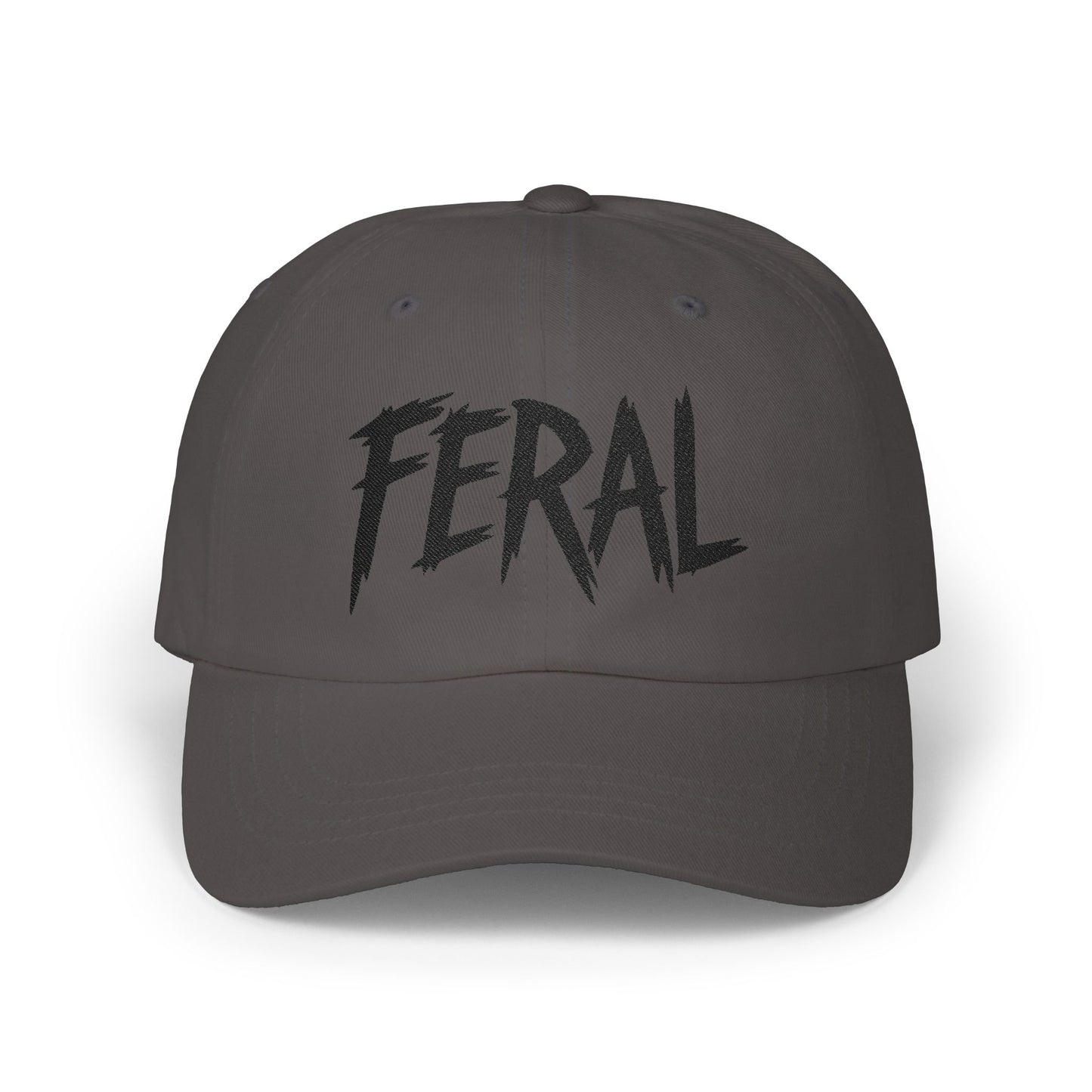 FERAL Embroidered Classic Dad Hat – Bold Statement Baseball Hat with Wild Energy Font for Rebels, Misfits, and Chaos Enthusiasts.