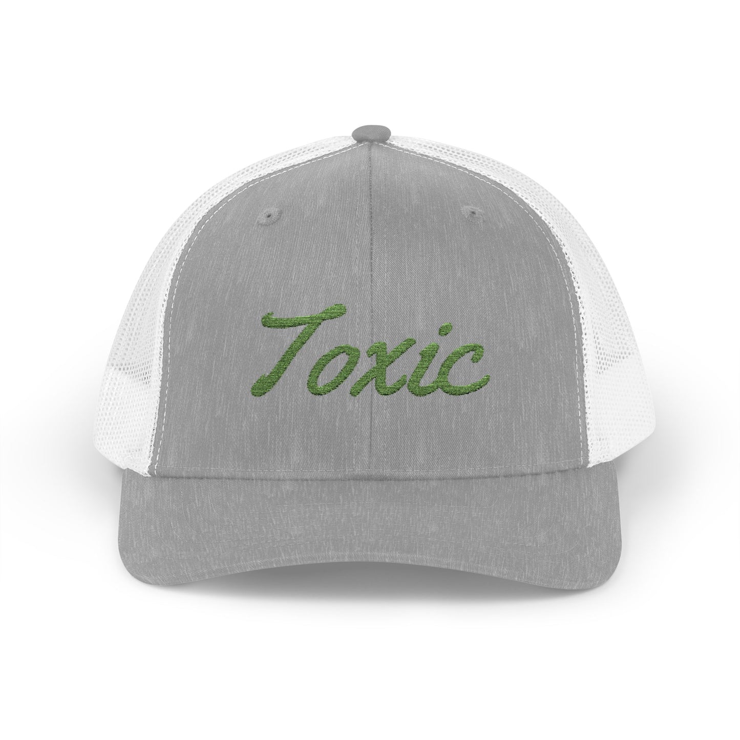 Toxic Trucker Hat – Embroidered Green Script Hat for Ironic Vibes and Bold Personality