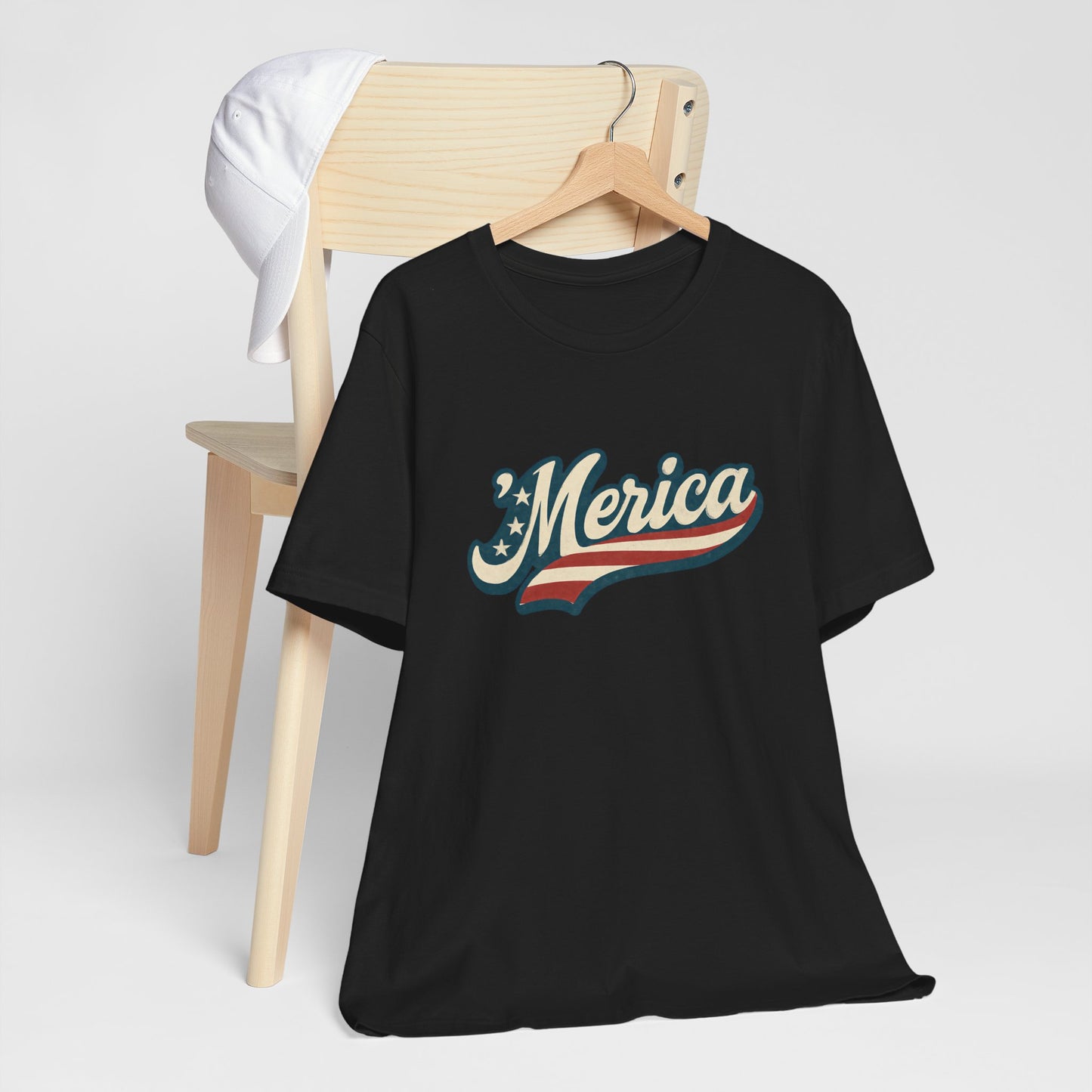 'Merica Vintage Script Shirt – Patriotic Retro USA Tee for 4th of July – Independence Day American Pride Design. Unisex Jersey Short Sleeve Tee