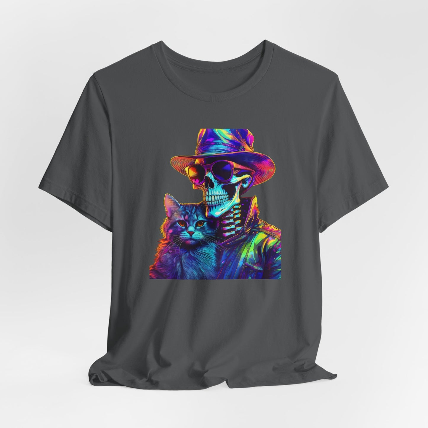 Cool Skeleton and Cat Halloween Shirt – Neon Retro Horror Graphic Tee for Spooky Style and Cat Lovers