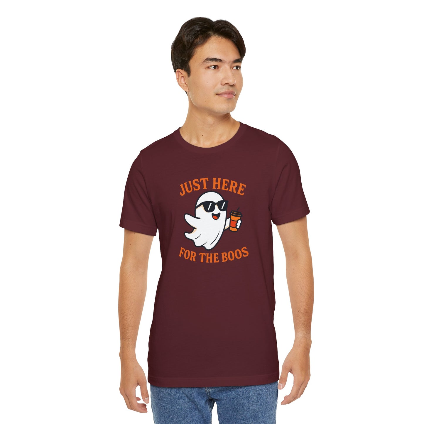 Just Here for the Boos Halloween Shirt – Funny Ghost Drinking Coffee Graphic Tee for Spooky Season