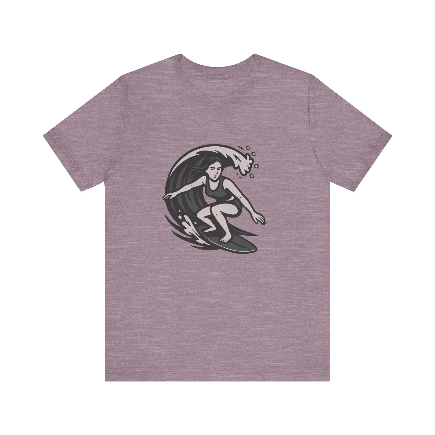 Surf Girl Graphic T-Shirt – Dark Theme Grayscale Female Surfer Riding Wave on Black Tee with Flow State Energy and Modern Ghost Effect. Unisex Jersey Short Sleeve Tee