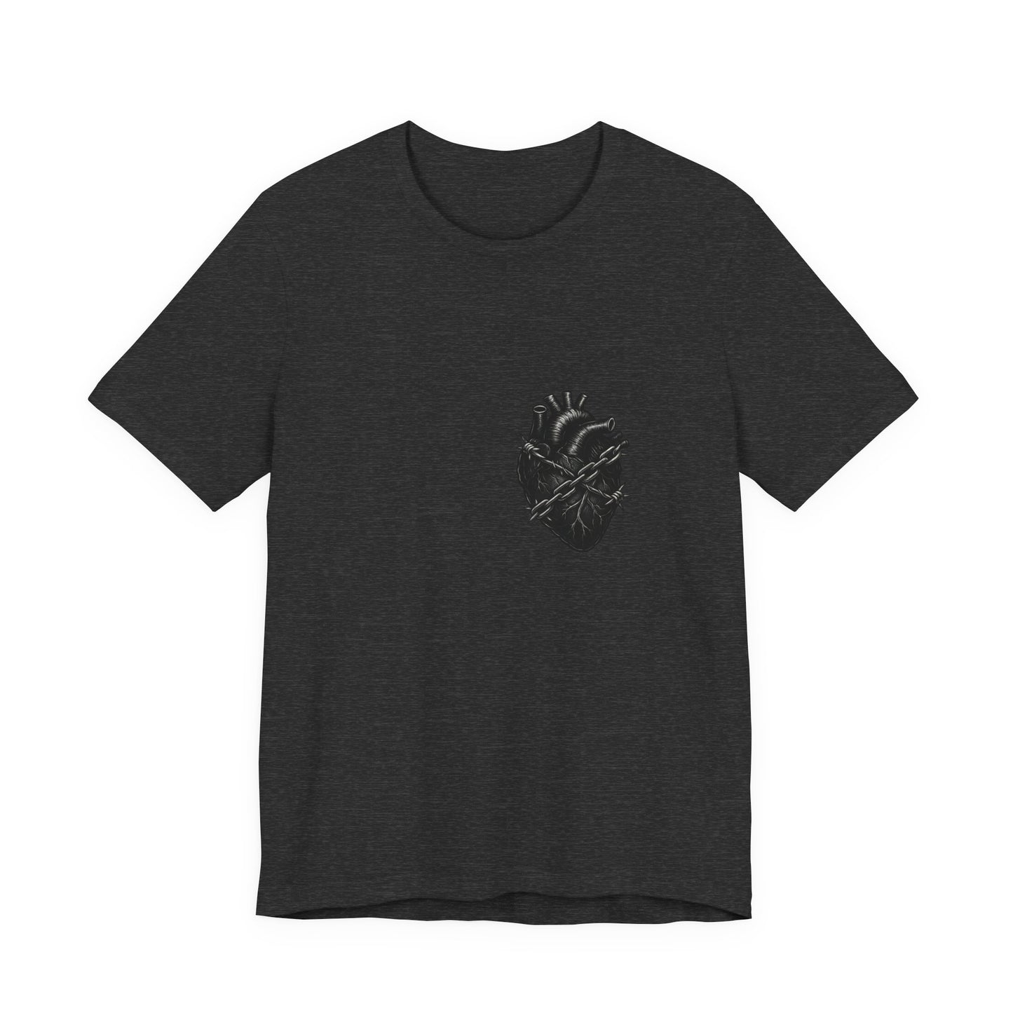 Heart in Chains Shirt – Dark Theme Anatomical Heart Wrapped in Barbed Wire and Commitment Issues. Unisex Jersey Short Sleeve Tee