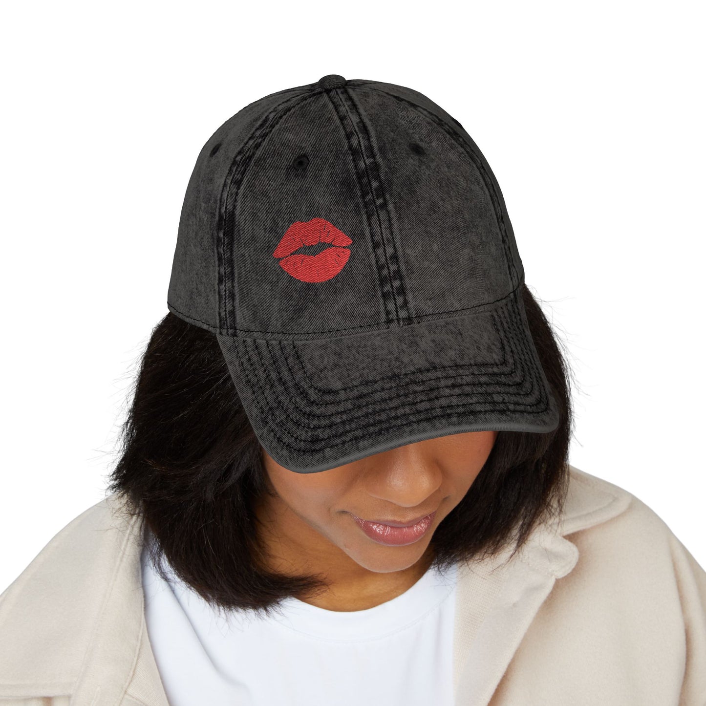 Red Lips Vintage Hat – Bold Embroidered Kiss Hat for Flirty, Fun Style