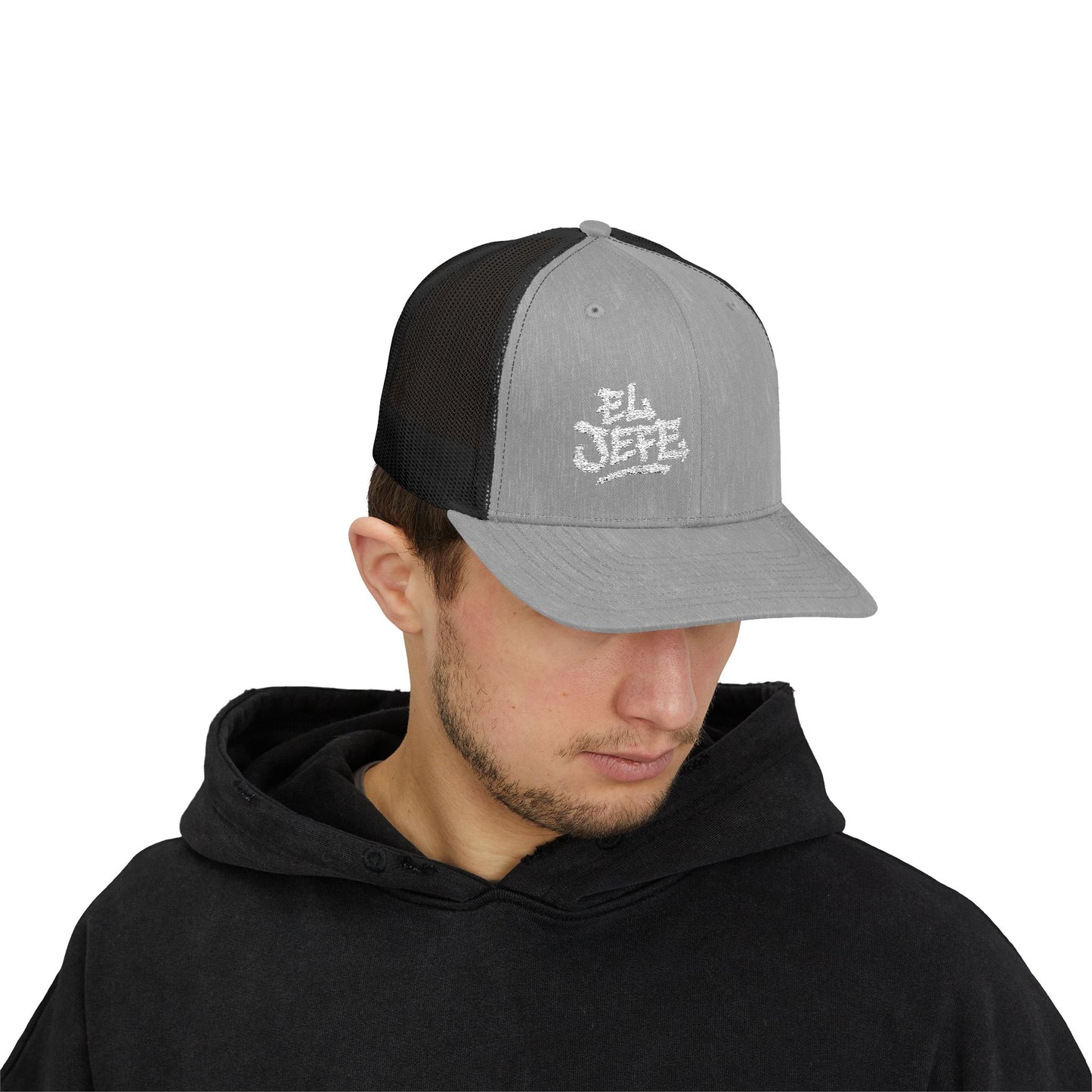 El Jefe Trucker Hat – Embroidered Bold Text Hat for Boss Energy, Leadership Style, and Latin Flair. White Letters