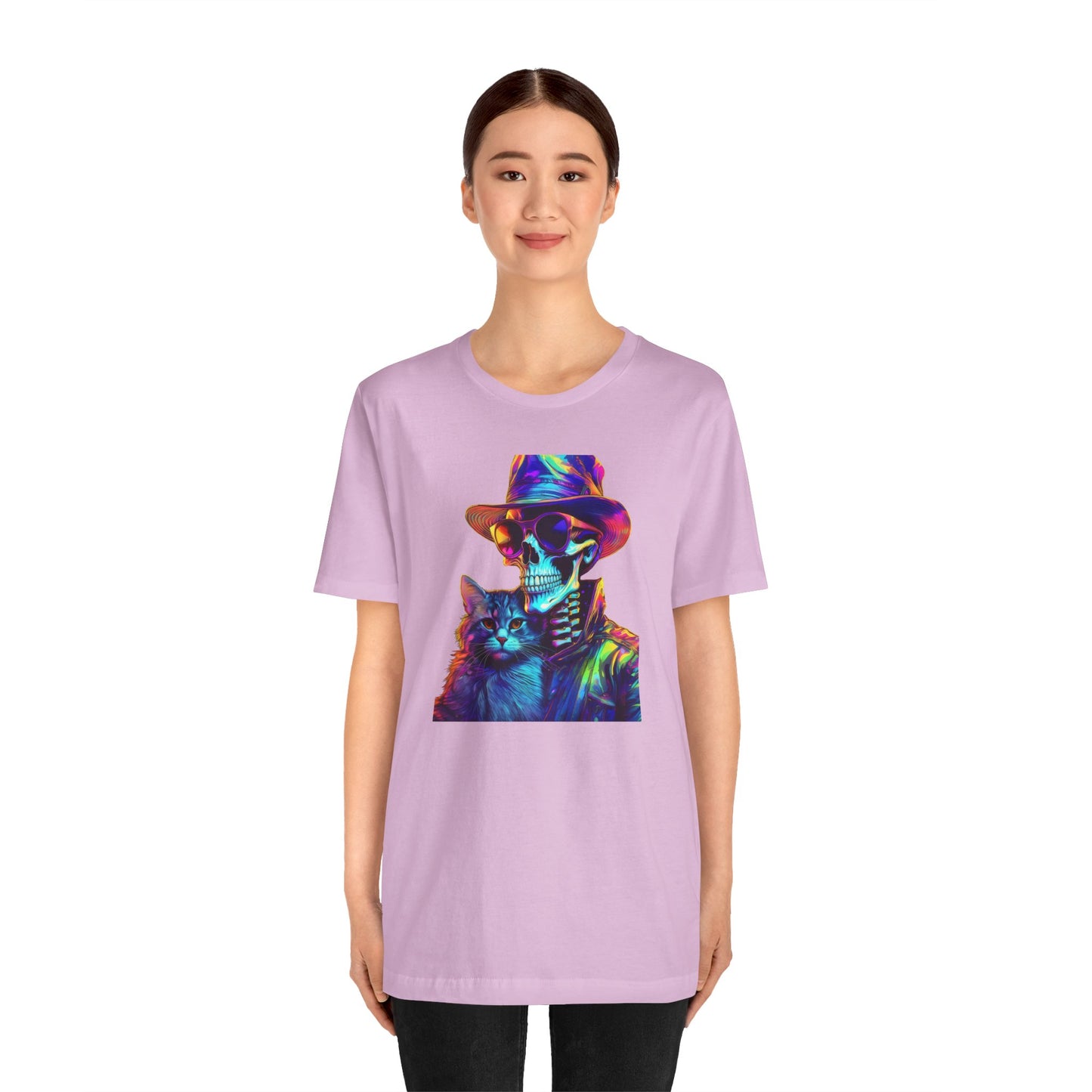Cool Skeleton and Cat Halloween Shirt – Neon Retro Horror Graphic Tee for Spooky Style and Cat Lovers