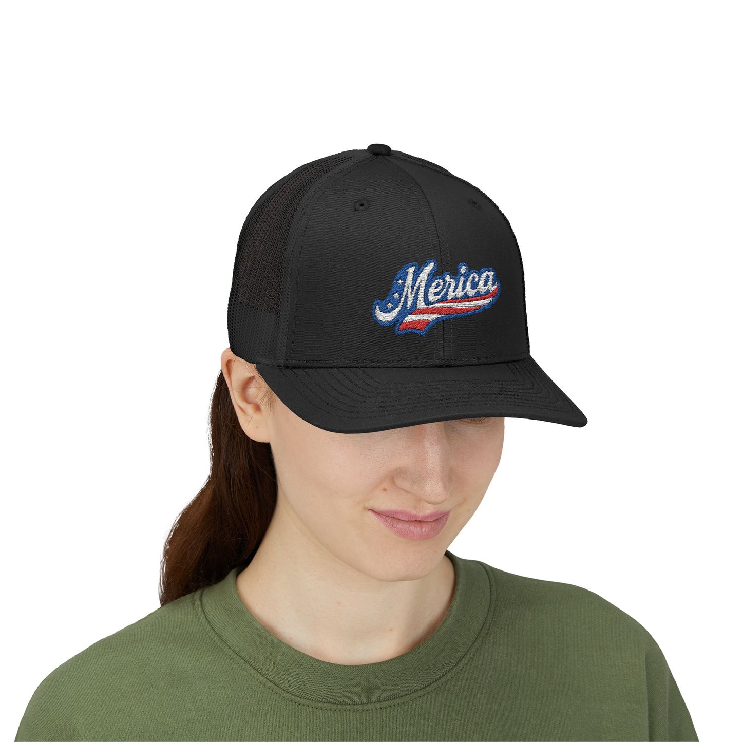 Merica Trucker Hat – Patriotic Embroidered Hat with Vintage Sports Style