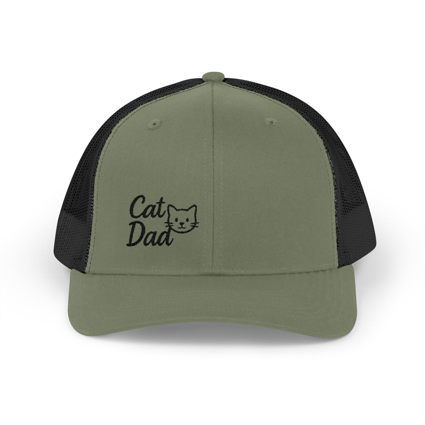 Cat Dad Trucker Hat – Embroidered Minimalist Cat Face Hat for Proud Pet Dads and Feline Fans. Black Letters