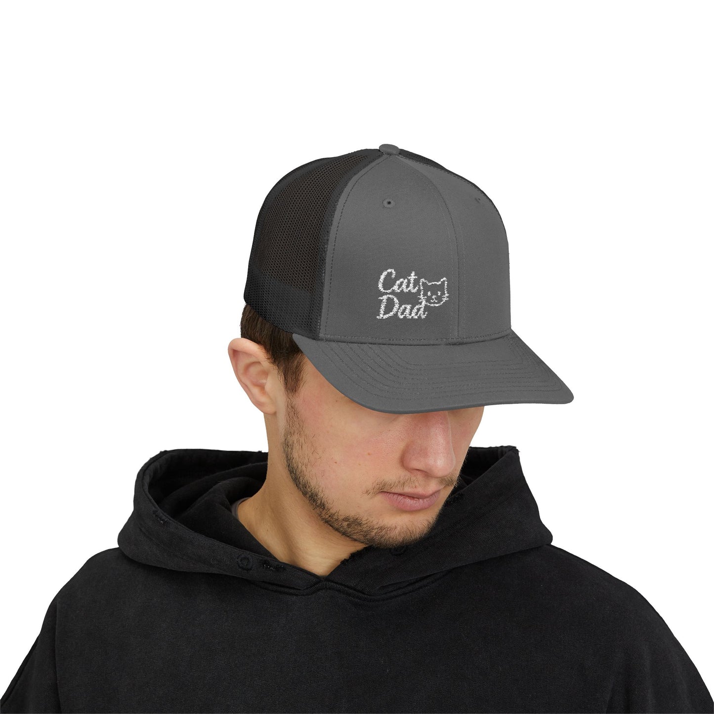 Cat Dad Trucker Hat – Embroidered Minimalist Cat Face Hat for Proud Pet Dads and Feline Fans. White Letters
