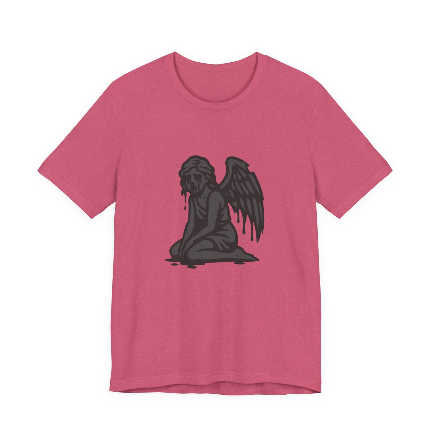 Fallen Angel Dark Theme Graphic T-Shirt – Dark Grayscale Crying Angel Design on Black Tee with Gothic Mood and Modern Ghost Effect. Unisex Jersey Short Sleeve Tee