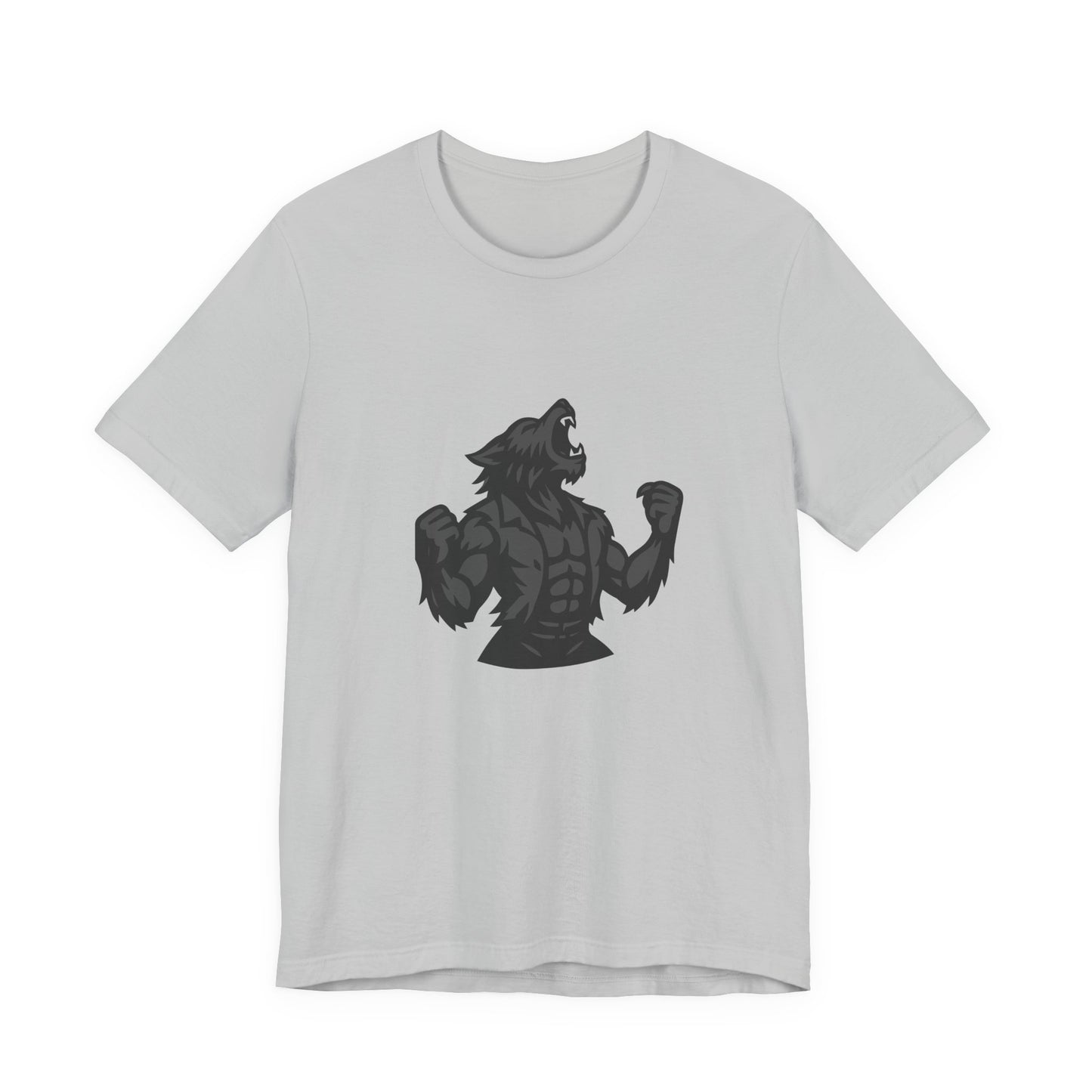 Werewolf Transformation T-Shirt – Dark Theme Grayscale Muscular Monster Design on Black Tee with Savage Energy and Modern Ghost Effect. Unisex Jersey Short Sleeve Tee
