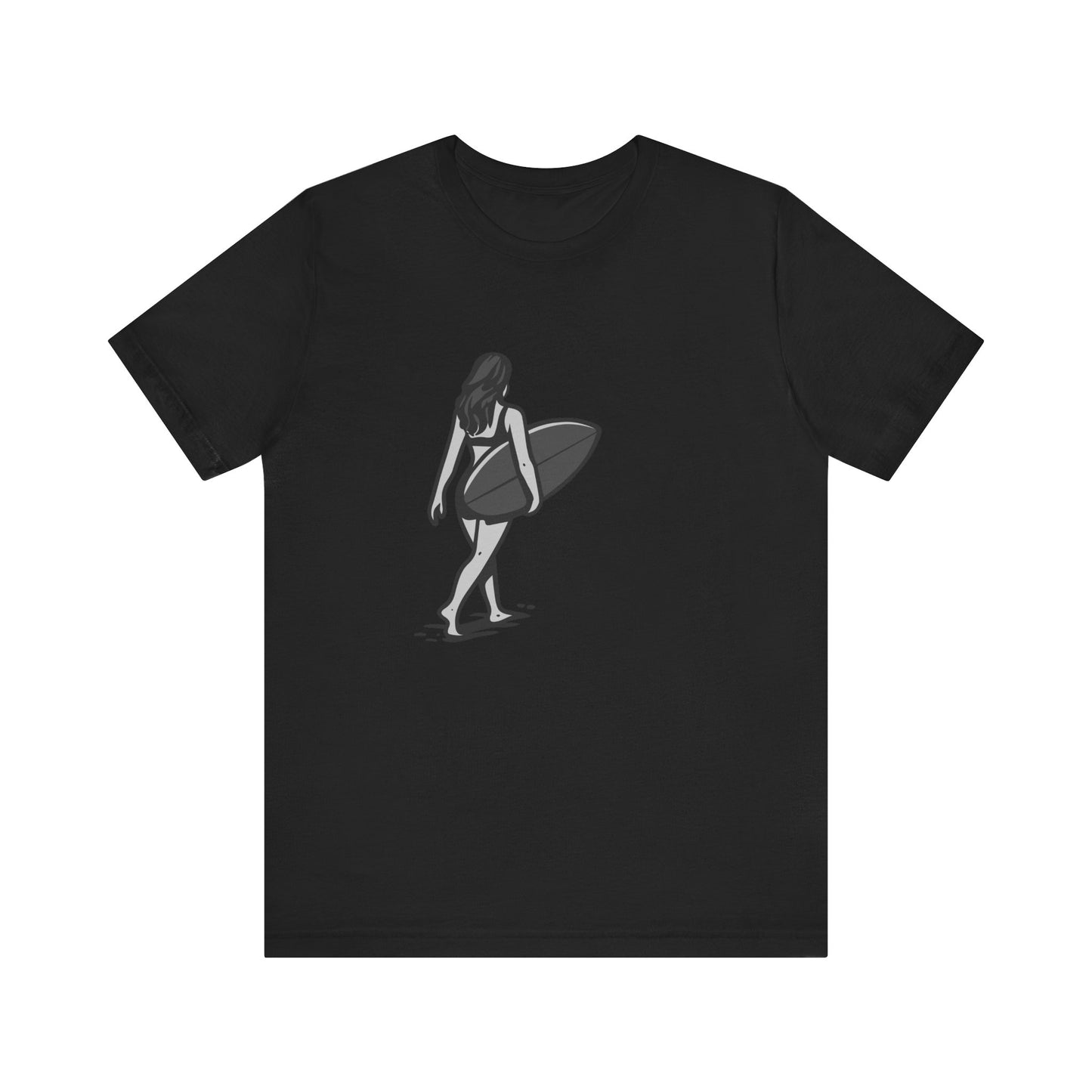 Surfer Girl Walking Graphic T-Shirt – Dark Theme Grayscale Beach Scene on Black Tee with Coastal Calm and Modern Ghost Effect. Unisex Jersey Short Sleeve Tee