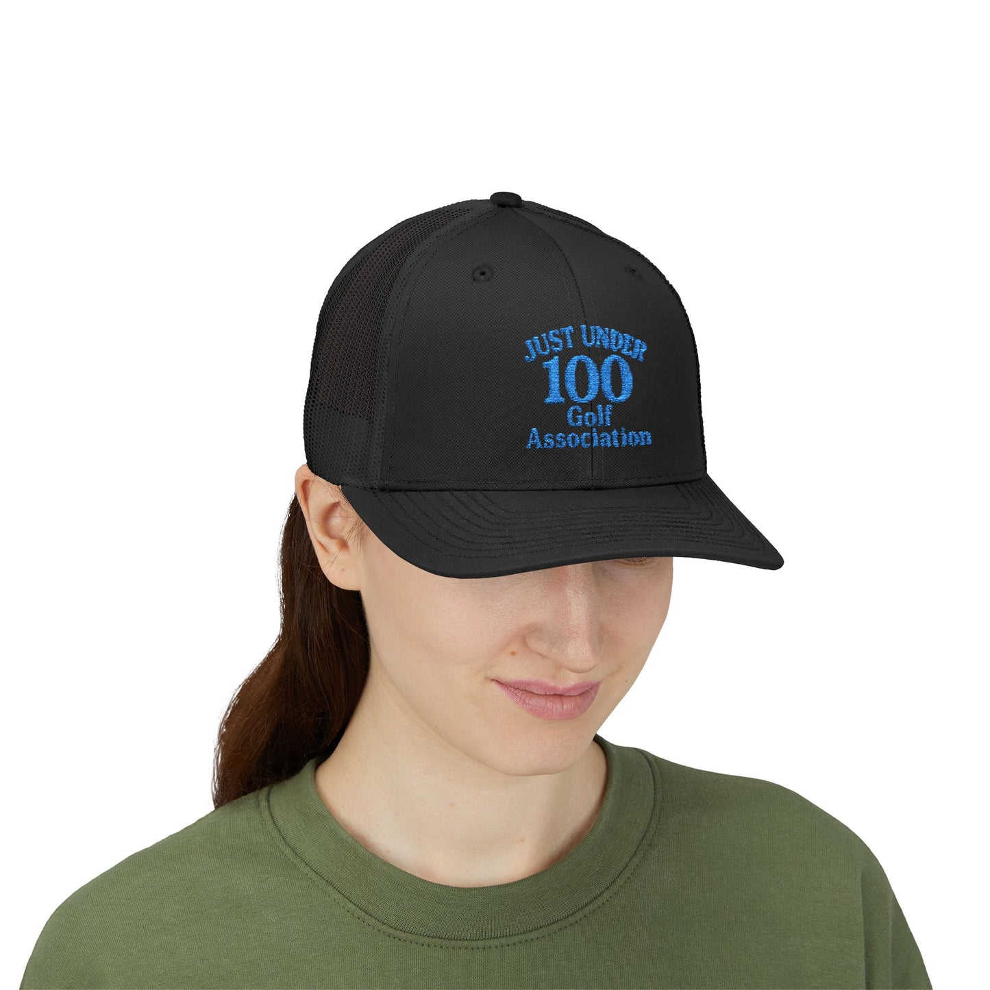 Just Under 100 Golf Trucker Hat – Embroidered Funny Golf Hat for Weekend Golfers and Casual Fairway Vibes. Blue Letters