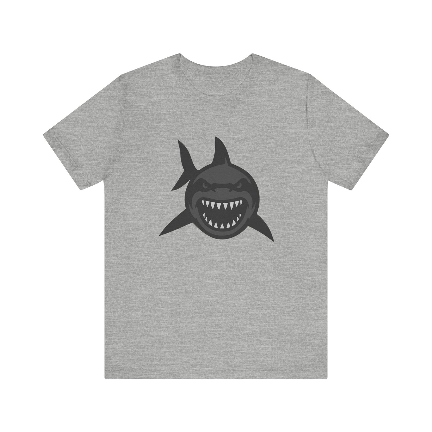 Ferocious Shark Face Graphic Tee with a Bold Bite – Dark Theme Ocean Predator Shirt in Black and Grey. Unisex Jersey Short Sleeve Tee