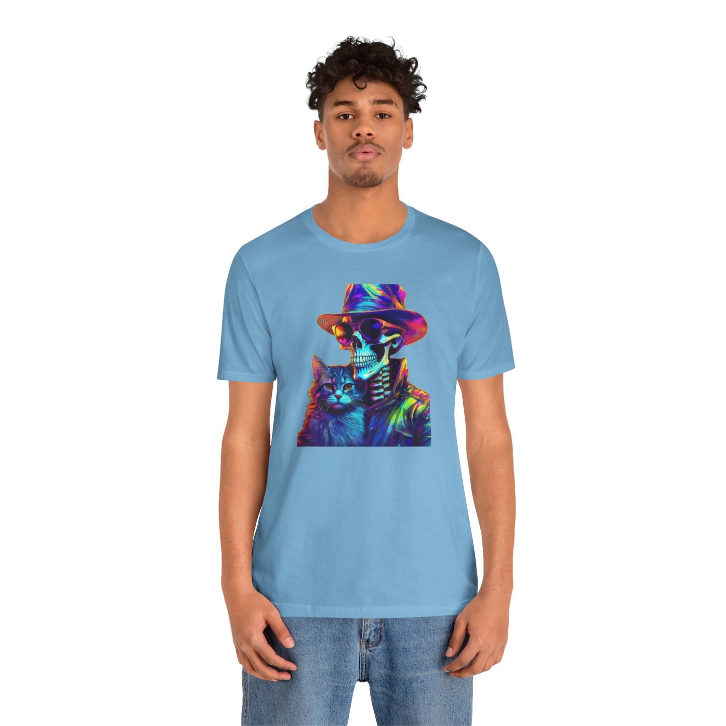 Cool Skeleton and Cat Halloween Shirt – Neon Retro Horror Graphic Tee for Spooky Style and Cat Lovers