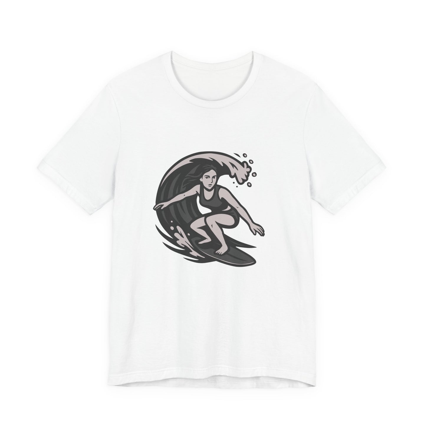 Surf Girl Graphic T-Shirt – Dark Theme Grayscale Female Surfer Riding Wave on Black Tee with Flow State Energy and Modern Ghost Effect. Unisex Jersey Short Sleeve Tee